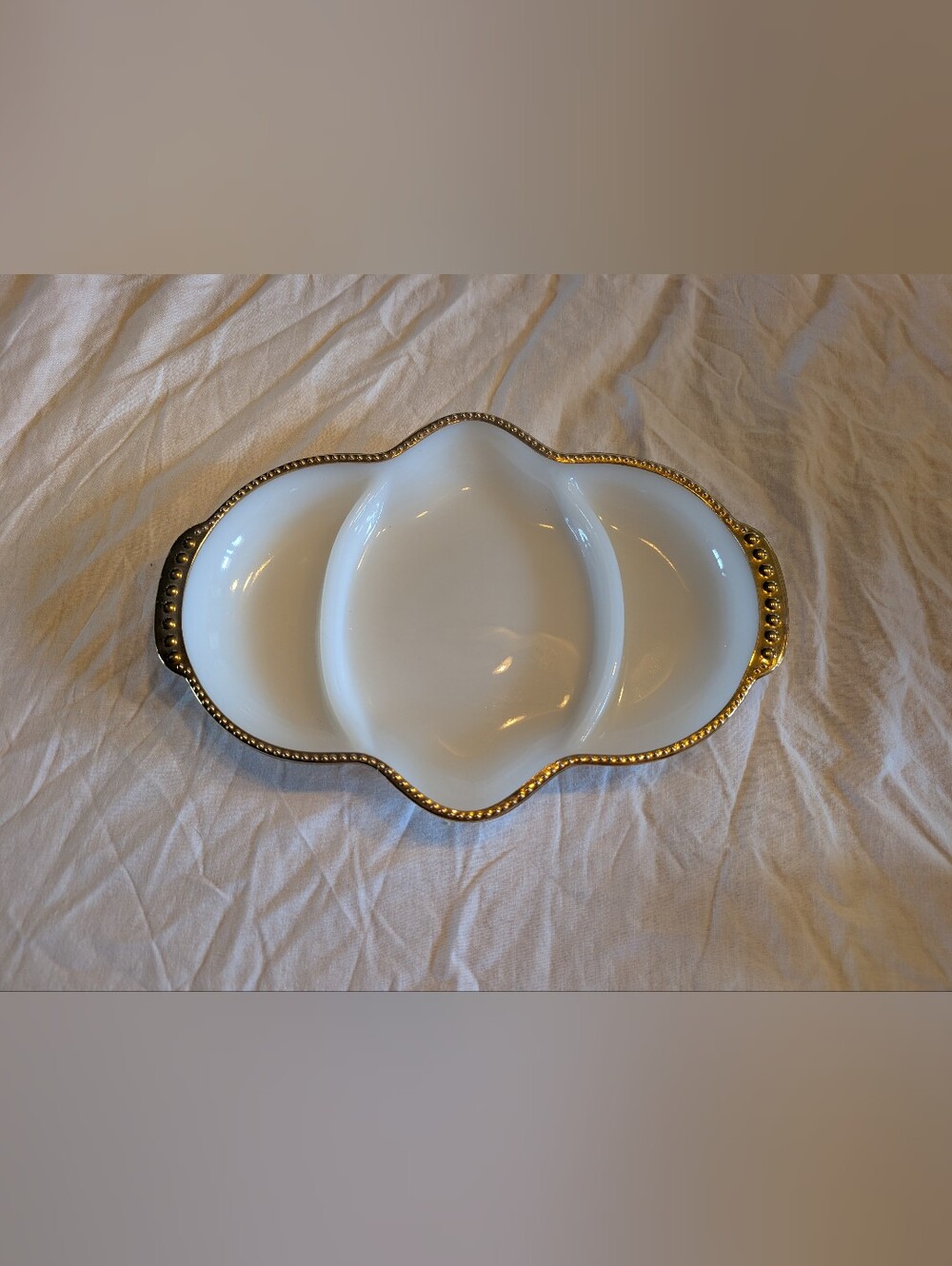 2/50$ Fire King Milk glass Three-Section Serving Dish with Gold Trim